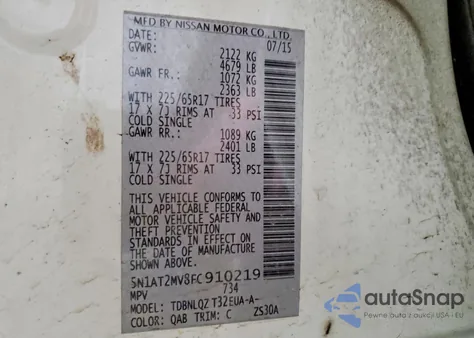 2015 Nissan Rogue S z USA, uszkodzony, nr VIN 5N1AT2MV8FC910219